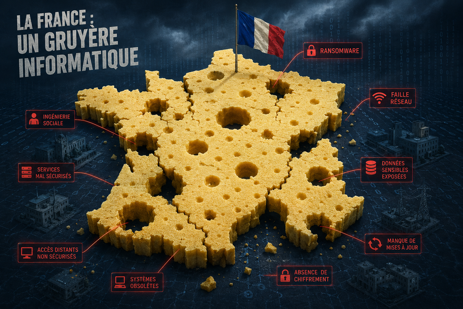 Forme de la France sur fond orageux et mer déchainé. La France à l'apparence d'un gruyère, avec des trous. Un drapeau français est planté en haut et les différents problème de sécurité sont épinglés tout autour de la France en rouge.